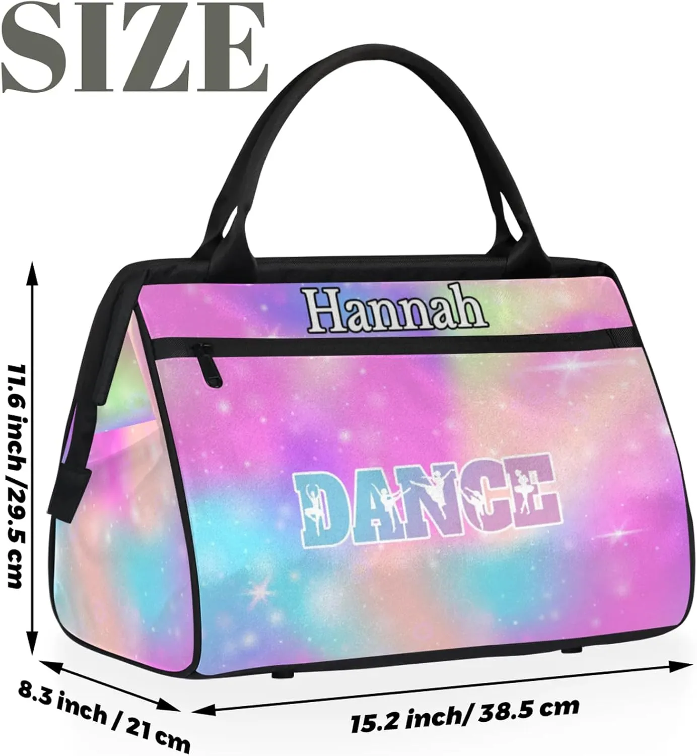 Custom Dance Duffel Bag with Name Personalized Sport Gym Bags Waterproof Customized Travel Duffel Bags Overnight Weekender Carry-On Tote 15.2in, Rainbow Sparkly