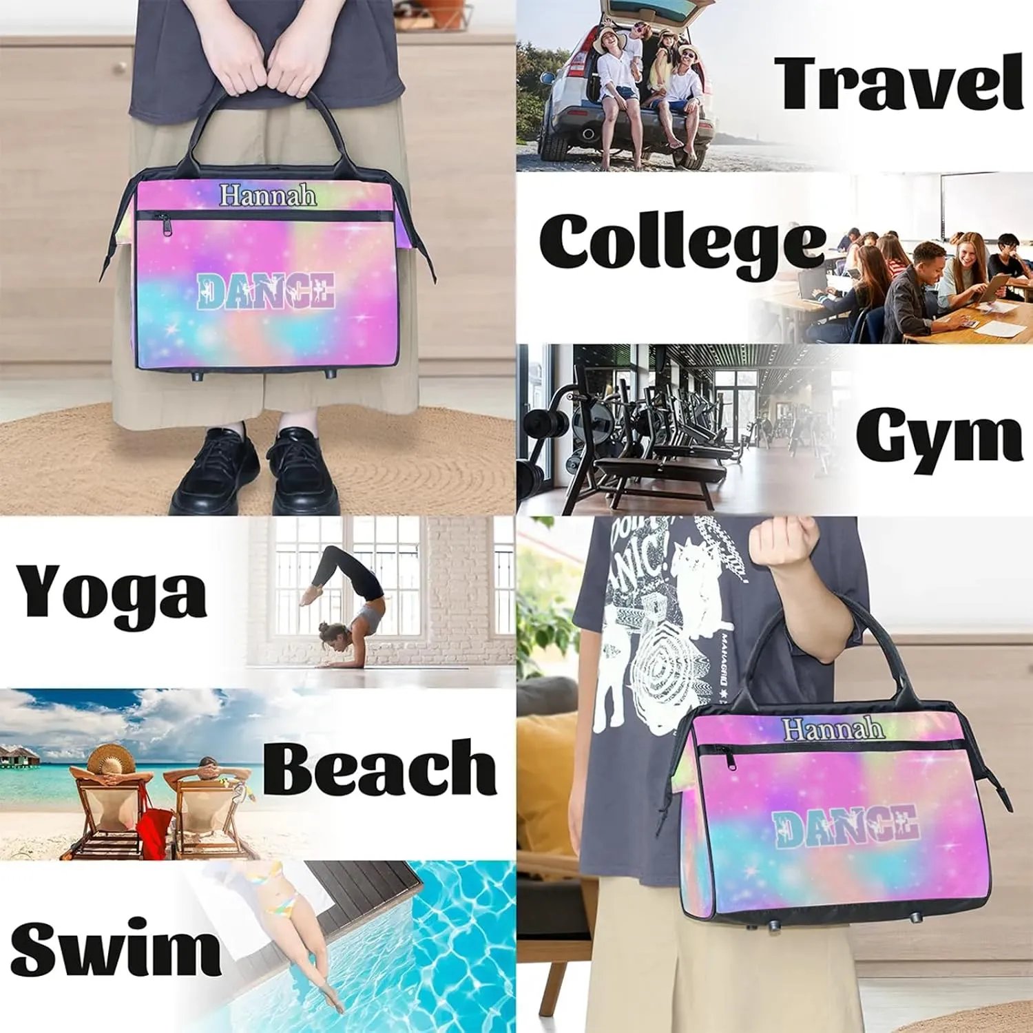 Custom Dance Duffel Bag with Name Personalized Sport Gym Bags Waterproof Customized Travel Duffel Bags Overnight Weekender Carry-On Tote 15.2in, Rainbow Sparkly