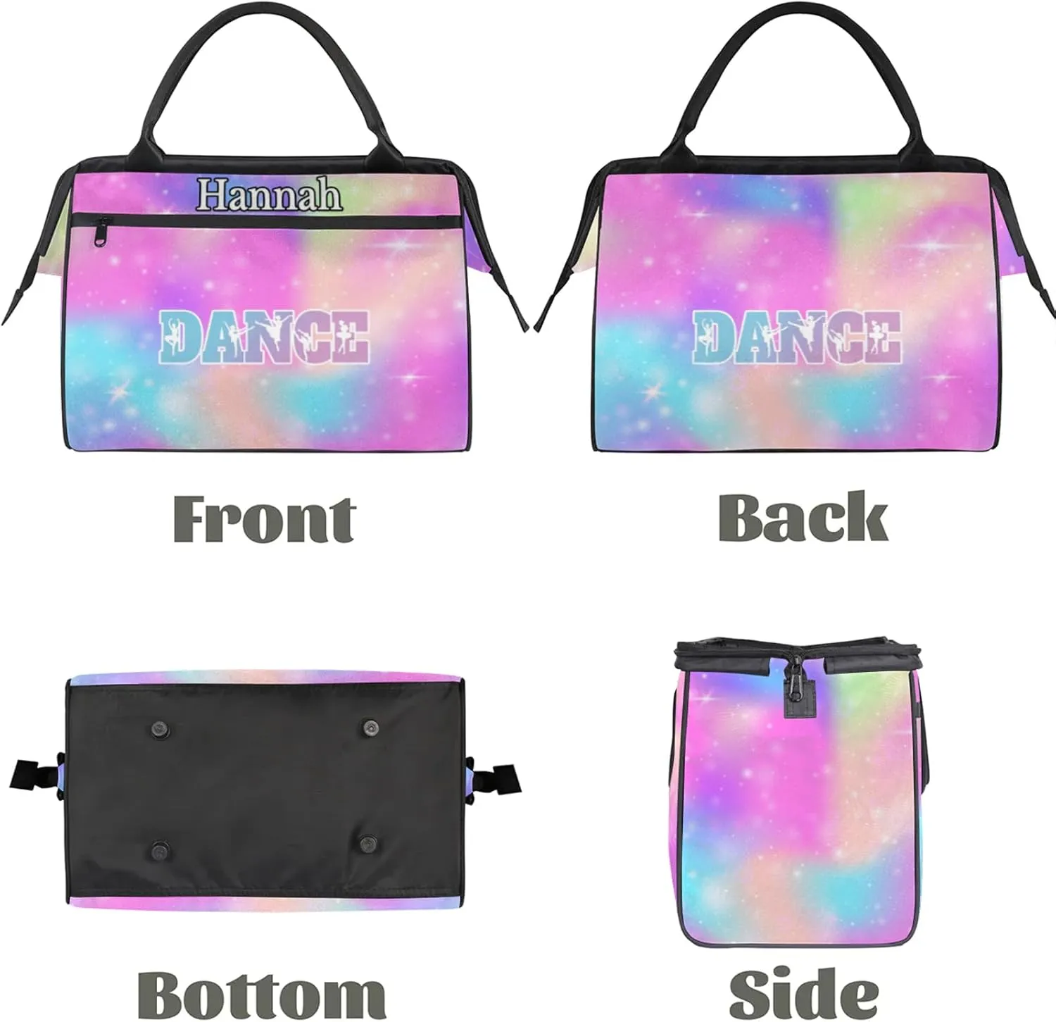 Custom Dance Duffel Bag with Name Personalized Sport Gym Bags Waterproof Customized Travel Duffel Bags Overnight Weekender Carry-On Tote 15.2in, Rainbow Sparkly