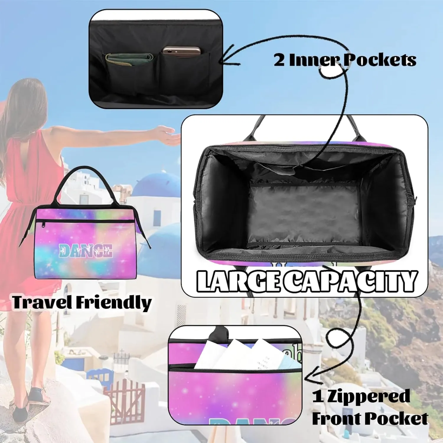 Custom Dance Duffel Bag with Name Personalized Sport Gym Bags Waterproof Customized Travel Duffel Bags Overnight Weekender Carry-On Tote 15.2in, Rainbow Sparkly