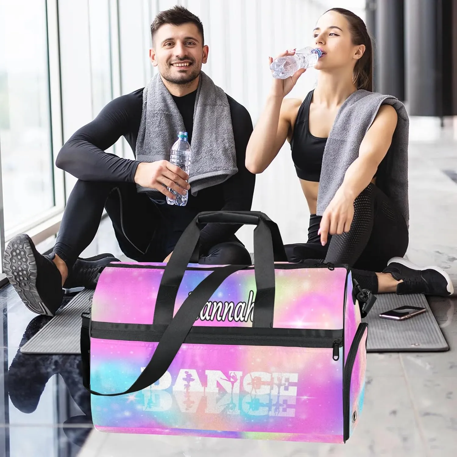 Custom Dance Duffel Bag with Shoe Compartment Personalized Sport Gym Bags Waterproof Customized Travel Duffel Bags Overnight Carry-On Tote, Rainbow Sparkly