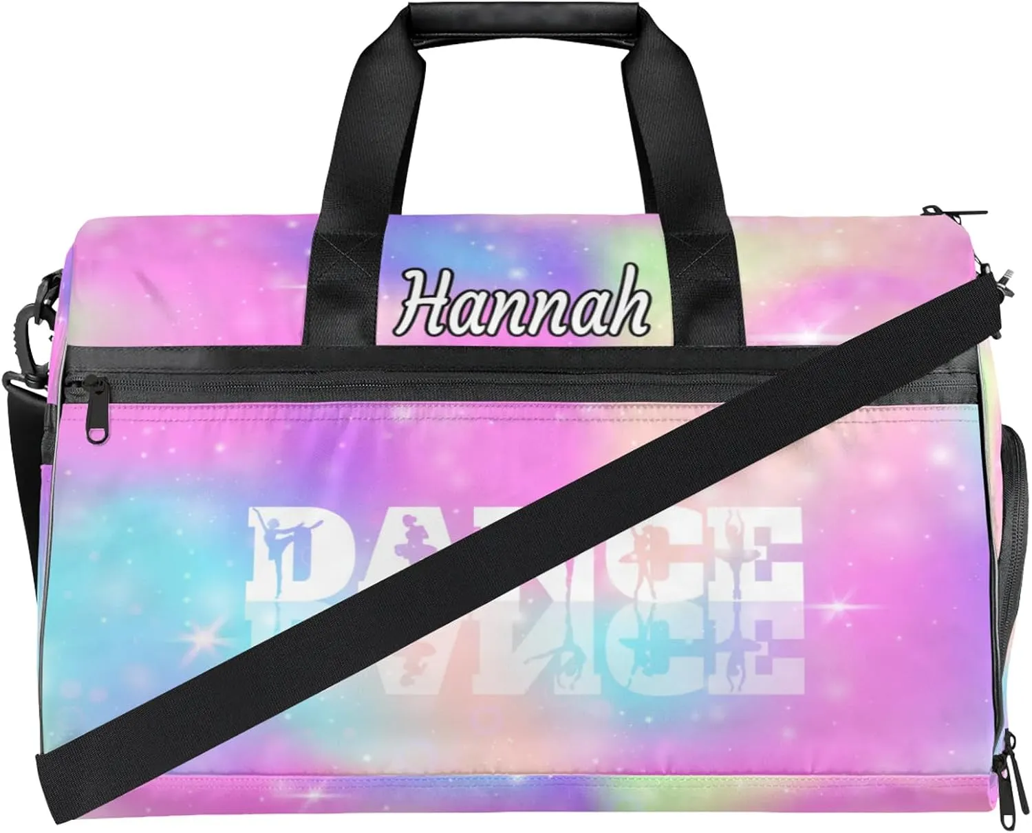 Custom Dance Duffel Bag with Shoe Compartment Personalized Sport Gym Bags Waterproof Customized Travel Duffel Bags Overnight Carry-On Tote, Rainbow Sparkly