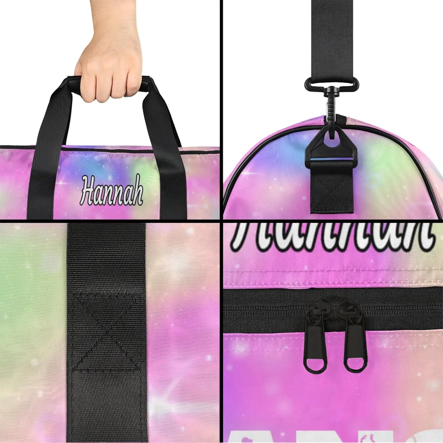 Custom Dance Duffel Bag with Shoe Compartment Personalized Sport Gym Bags Waterproof Customized Travel Duffel Bags Overnight Carry-On Tote, Rainbow Sparkly