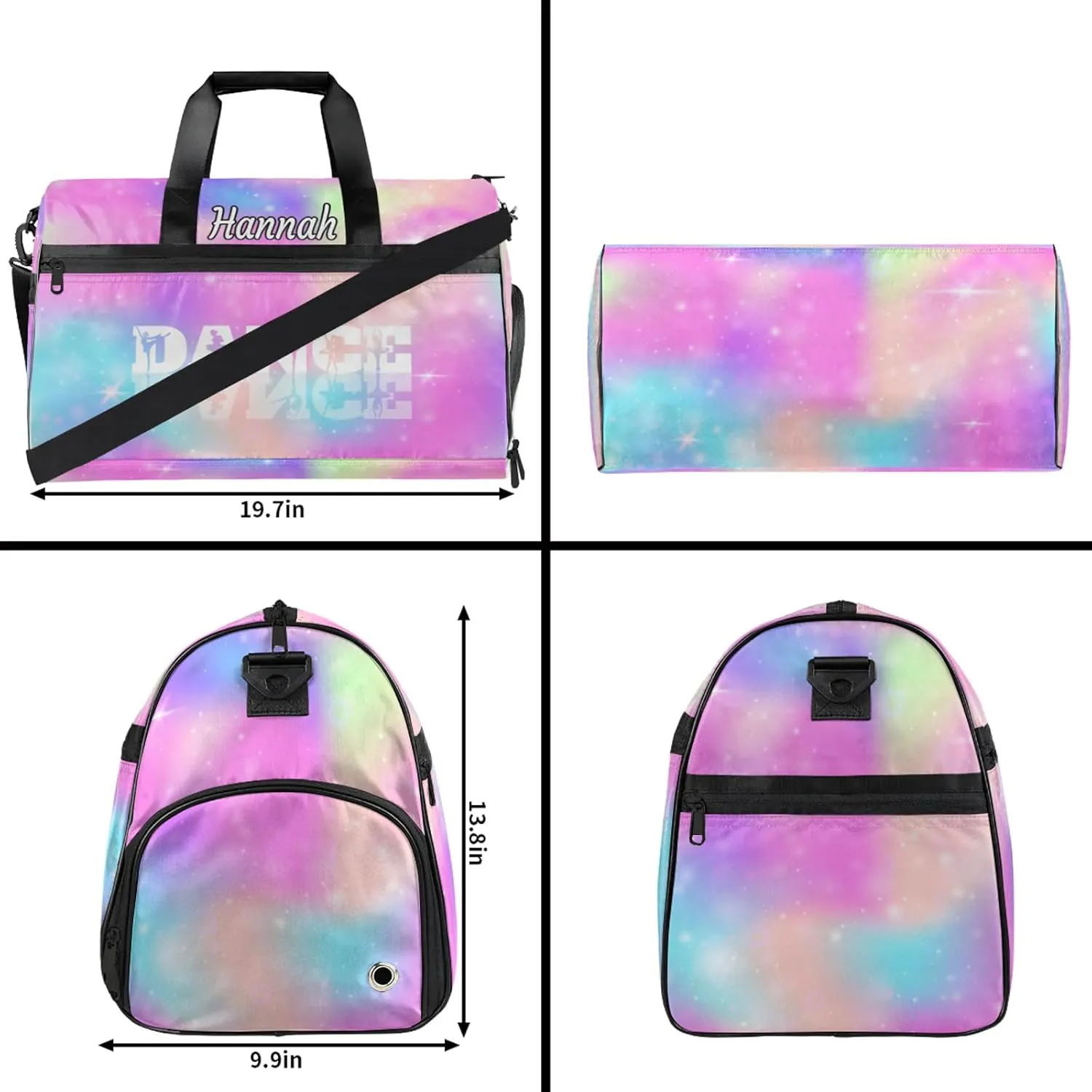 Custom Dance Duffel Bag with Shoe Compartment Personalized Sport Gym Bags Waterproof Customized Travel Duffel Bags Overnight Carry-On Tote, Rainbow Sparkly