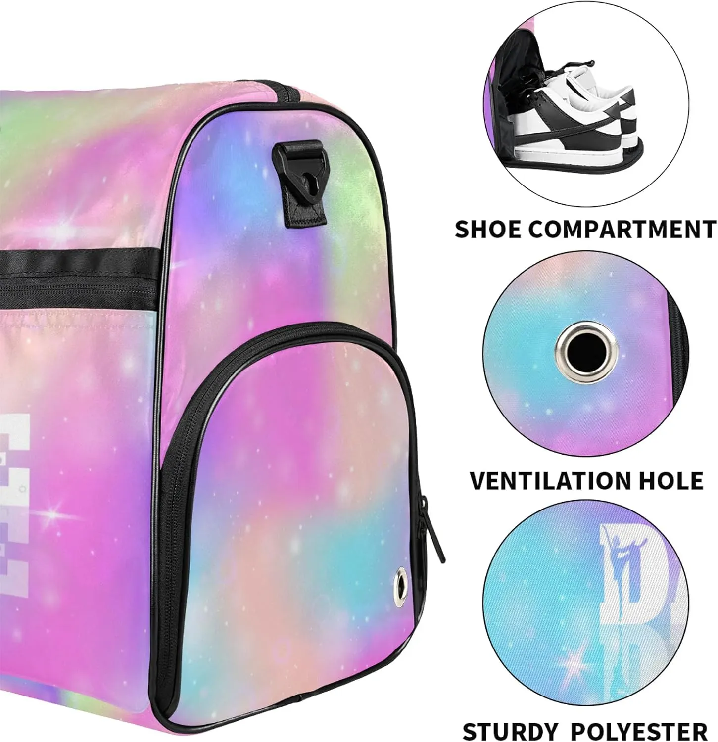 Custom Dance Duffel Bag with Shoe Compartment Personalized Sport Gym Bags Waterproof Customized Travel Duffel Bags Overnight Carry-On Tote, Rainbow Sparkly