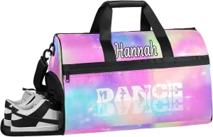 Custom Dance Duffel Bag with Shoe Compartment Personalized Sport Gym Bags Waterproof Customized Travel Duffel Bags Overnight Carry-On Tote, Rainbow Sparkly