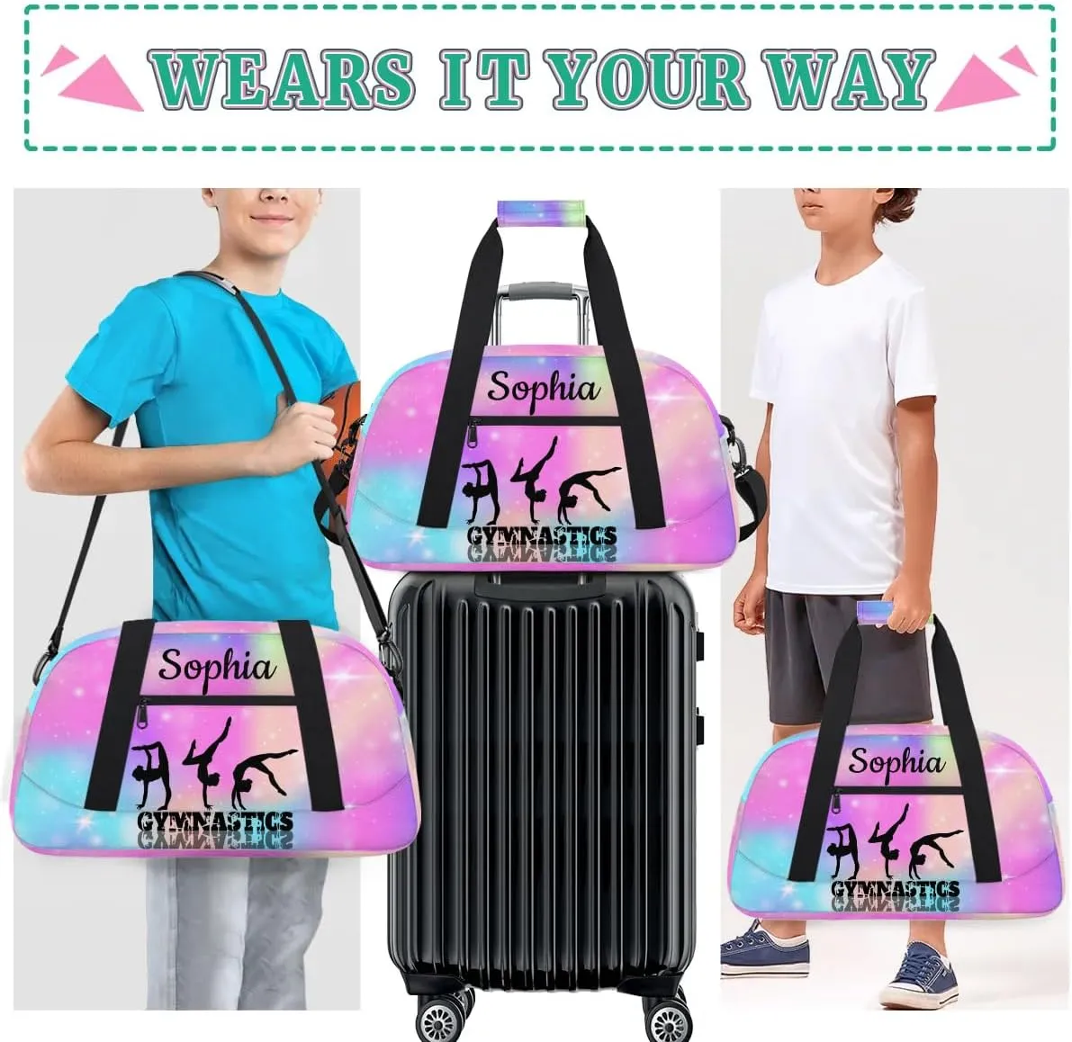 Custom Gymnastics Duffel Bag Personalized Gym Duffel Bags Dance Bag with Name Customized Gymnastics Bag for Women, Rainbow Sparkly