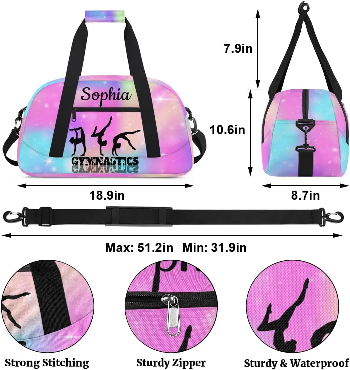 Custom Gymnastics Duffel Bag Personalized Gym Duffel Bags Dance Bag with Name Customized Gymnastics Bag for Women, Rainbow Sparkly