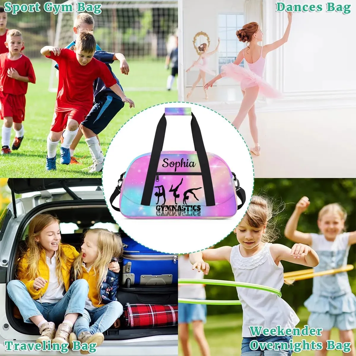 Custom Gymnastics Duffel Bag Personalized Gym Duffel Bags Dance Bag with Name Customized Gymnastics Bag for Women, Rainbow Sparkly