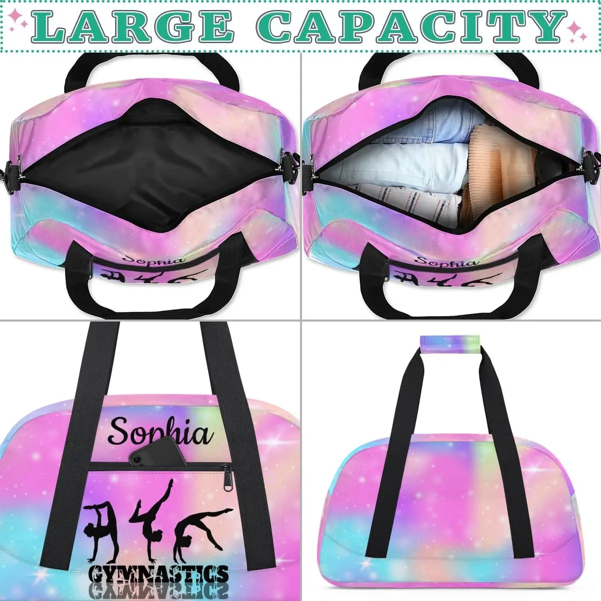 Custom Gymnastics Duffel Bag Personalized Gym Duffel Bags Dance Bag with Name Customized Gymnastics Bag for Women, Rainbow Sparkly