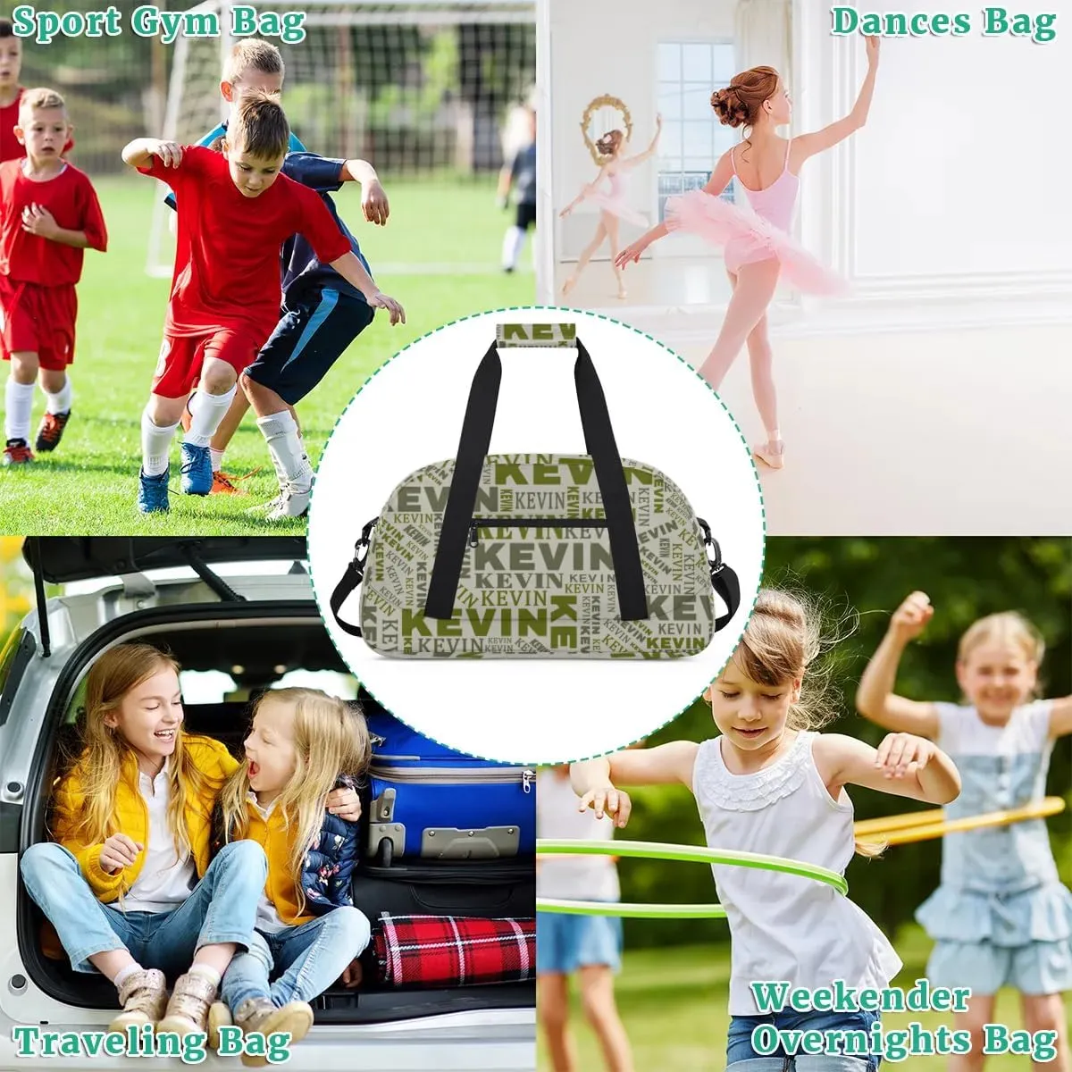 Custom Name Kids Gym Bag - Sport Duffel Bag for Boys - Personalized Dance Duffel Bags for Girls - Customize Travel Overnight Weekender Bag Carry on Tote for Airplane Swim, Camo Green