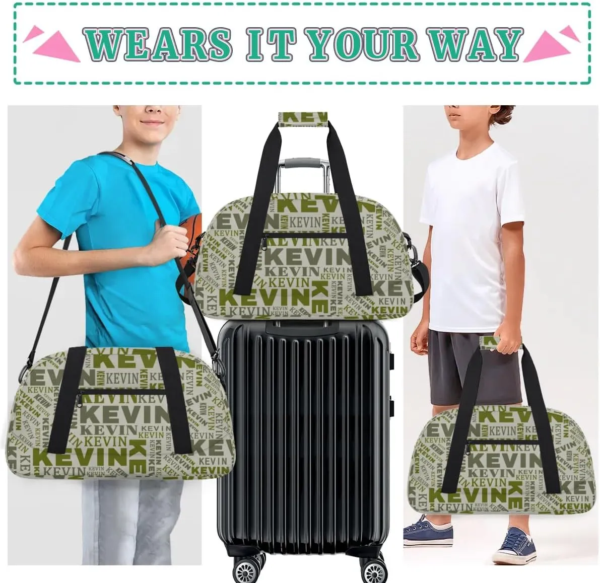 Custom Name Kids Gym Bag - Sport Duffel Bag for Boys - Personalized Dance Duffel Bags for Girls - Customize Travel Overnight Weekender Bag Carry on Tote for Airplane Swim, Camo Green