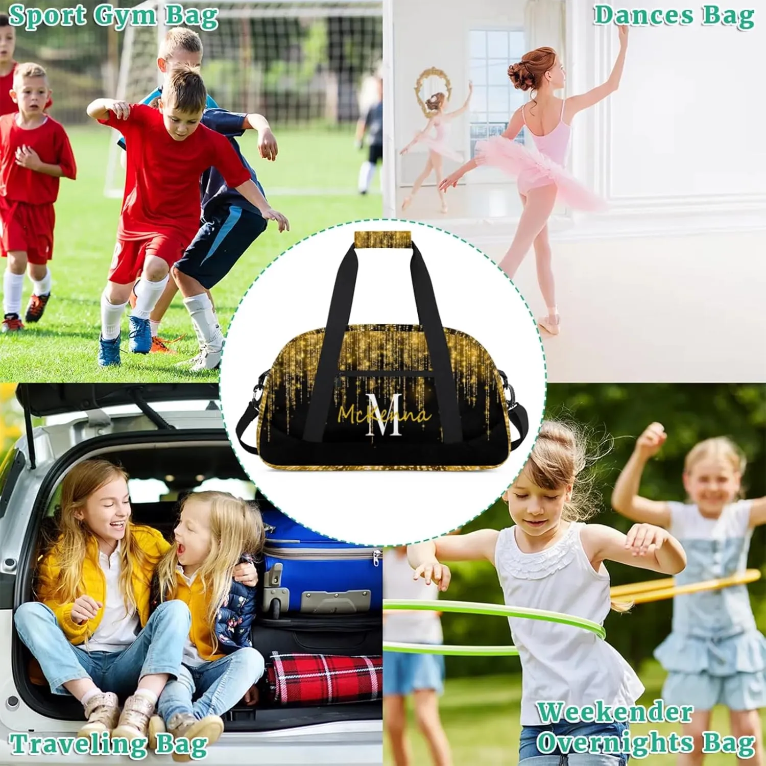 Custom Name Sports Duffel Bag, Personalized Gym Sport Duffel Cheerleading Travel Weekender Tote Carry-On Bag Bright Sparkly Effect Gold Stars Glittering