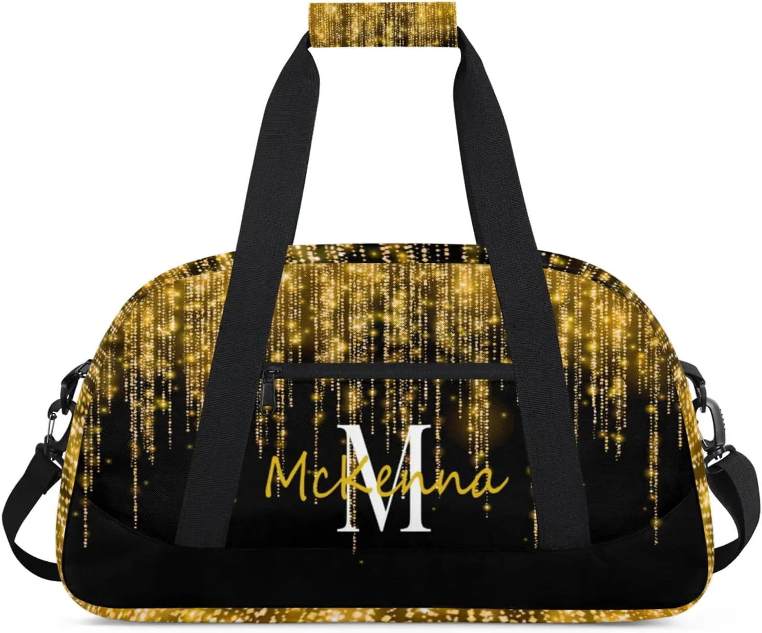 Custom Name Sports Duffel Bag, Personalized Gym Sport Duffel Cheerleading Travel Weekender Tote Carry-On Bag Bright Sparkly Effect Gold Stars Glittering