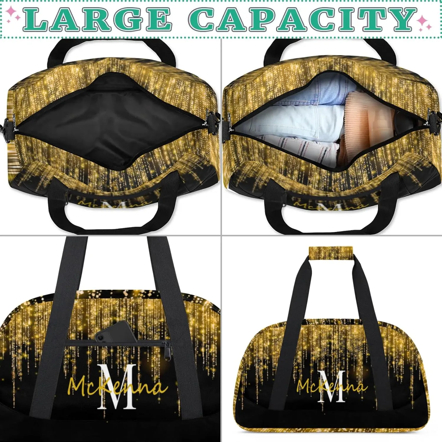 Custom Name Sports Duffel Bag, Personalized Gym Sport Duffel Cheerleading Travel Weekender Tote Carry-On Bag Bright Sparkly Effect Gold Stars Glittering