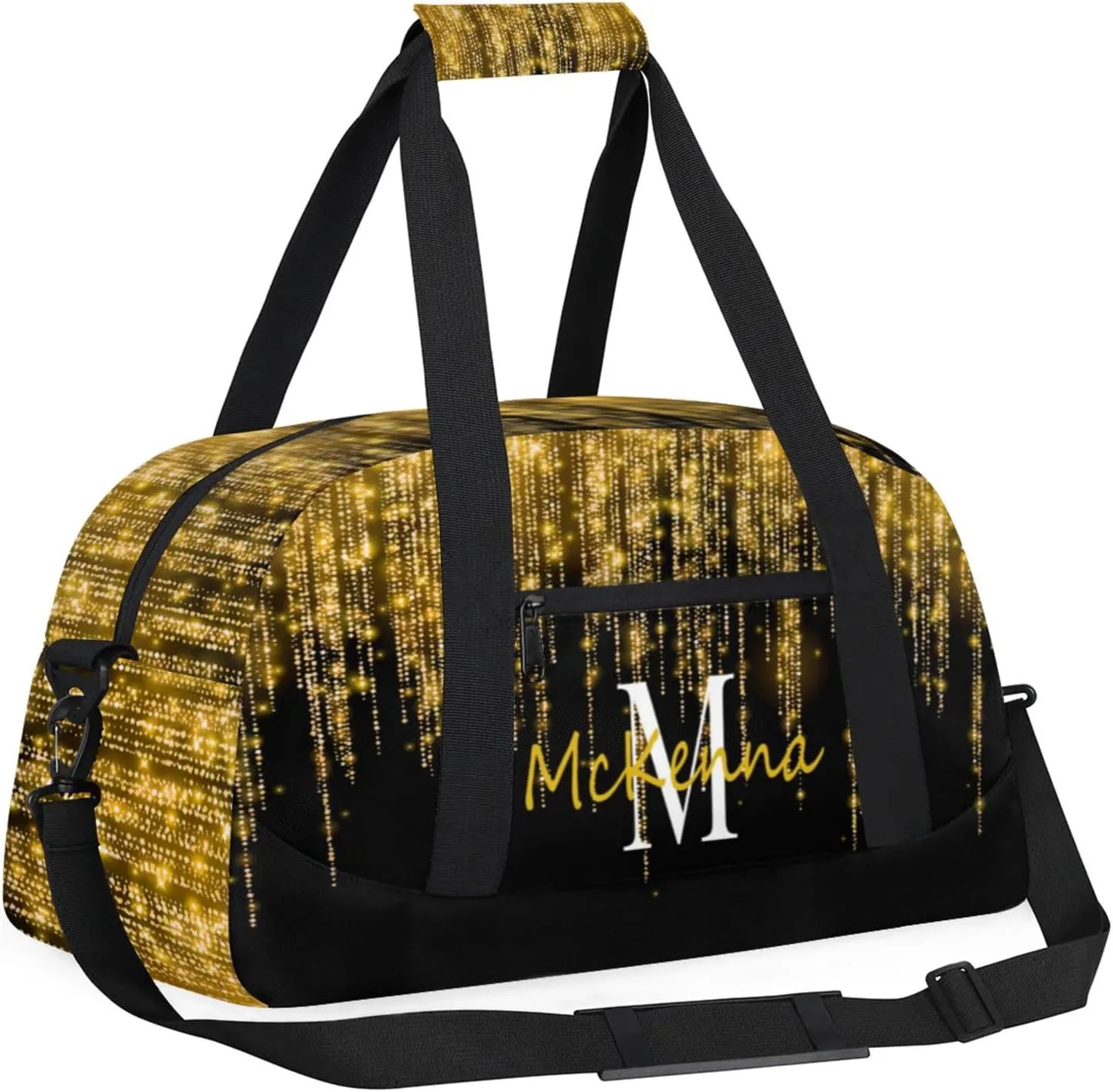 Custom Name Sports Duffel Bag, Personalized Gym Sport Duffel Cheerleading Travel Weekender Tote Carry-On Bag Bright Sparkly Effect Gold Stars Glittering