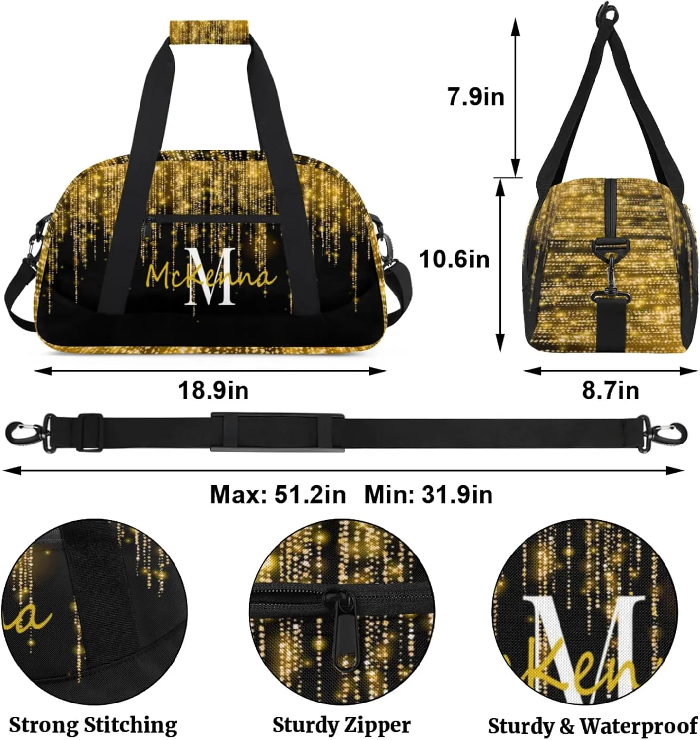 Custom Name Sports Duffel Bag, Personalized Gym Sport Duffel Cheerleading Travel Weekender Tote Carry-On Bag Bright Sparkly Effect Gold Stars Glittering