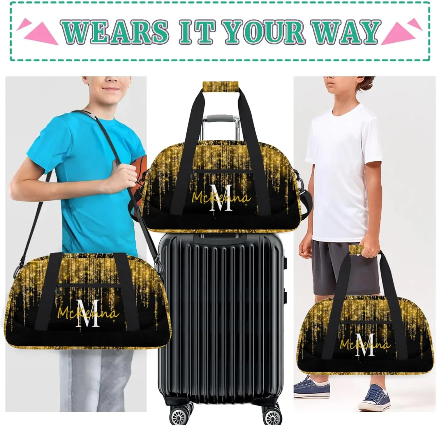 Custom Name Sports Duffel Bag, Personalized Gym Sport Duffel Cheerleading Travel Weekender Tote Carry-On Bag Bright Sparkly Effect Gold Stars Glittering