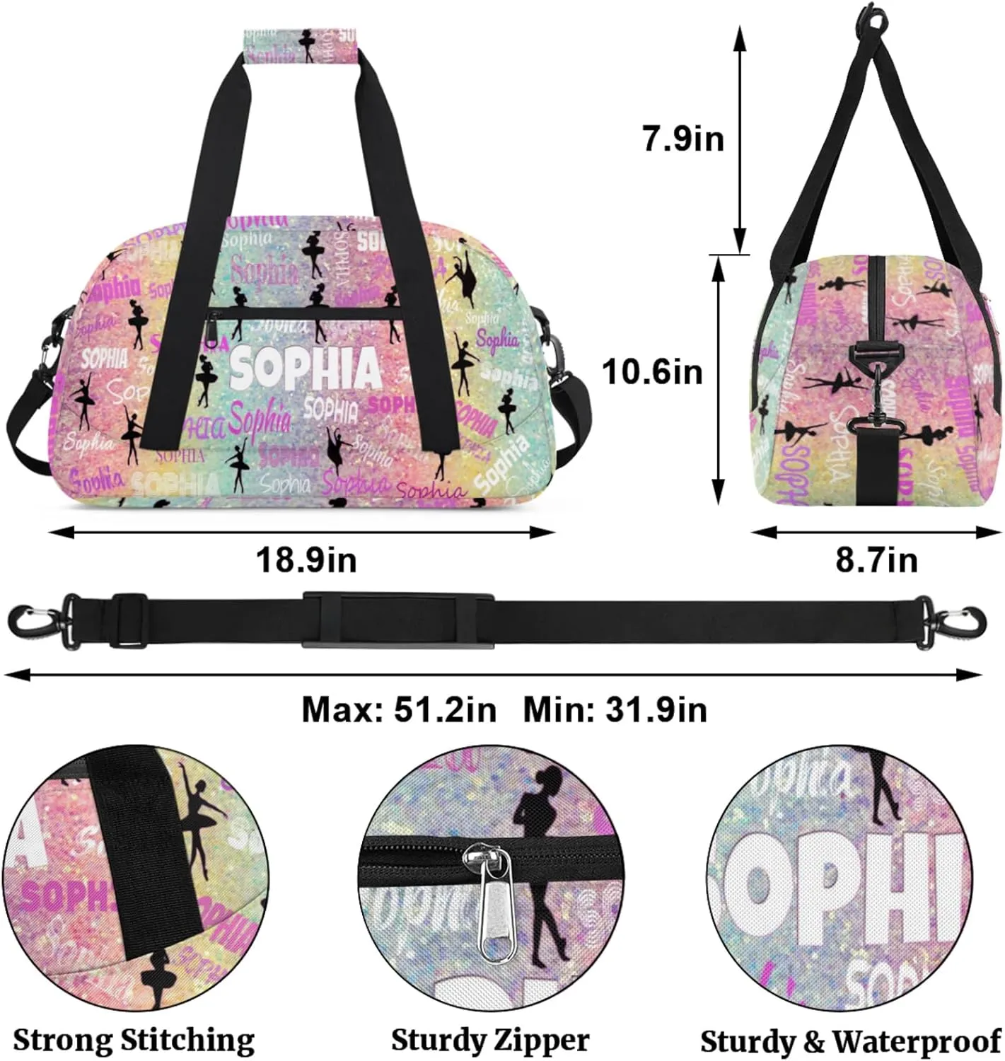 Custom Named Dance Ballet Bag, Gym Bag Sports Travel Duffle Bag Tote Weekend Sports Travel Bag, Romantic Colorful Pink Yellow Turquoise Sparkly Background