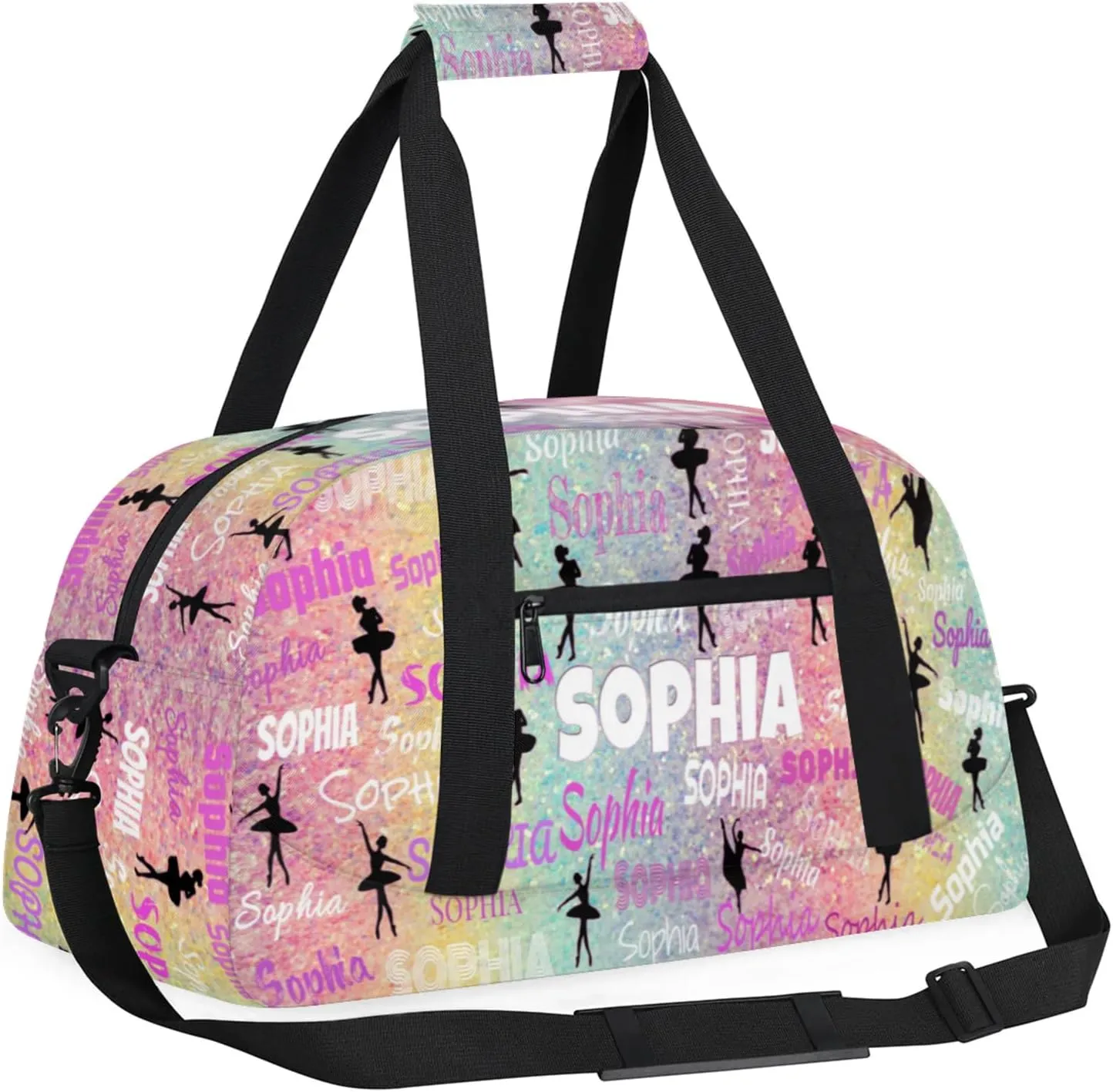 Custom Named Dance Ballet Bag, Gym Bag Sports Travel Duffle Bag Tote Weekend Sports Travel Bag, Romantic Colorful Pink Yellow Turquoise Sparkly Background