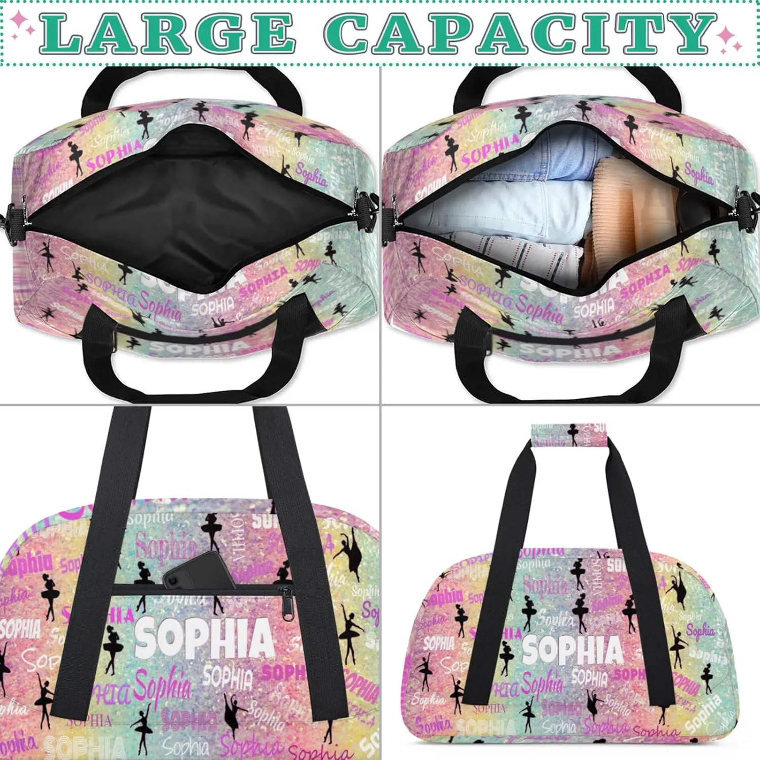 Custom Named Dance Ballet Bag, Gym Bag Sports Travel Duffle Bag Tote Weekend Sports Travel Bag, Romantic Colorful Pink Yellow Turquoise Sparkly Background
