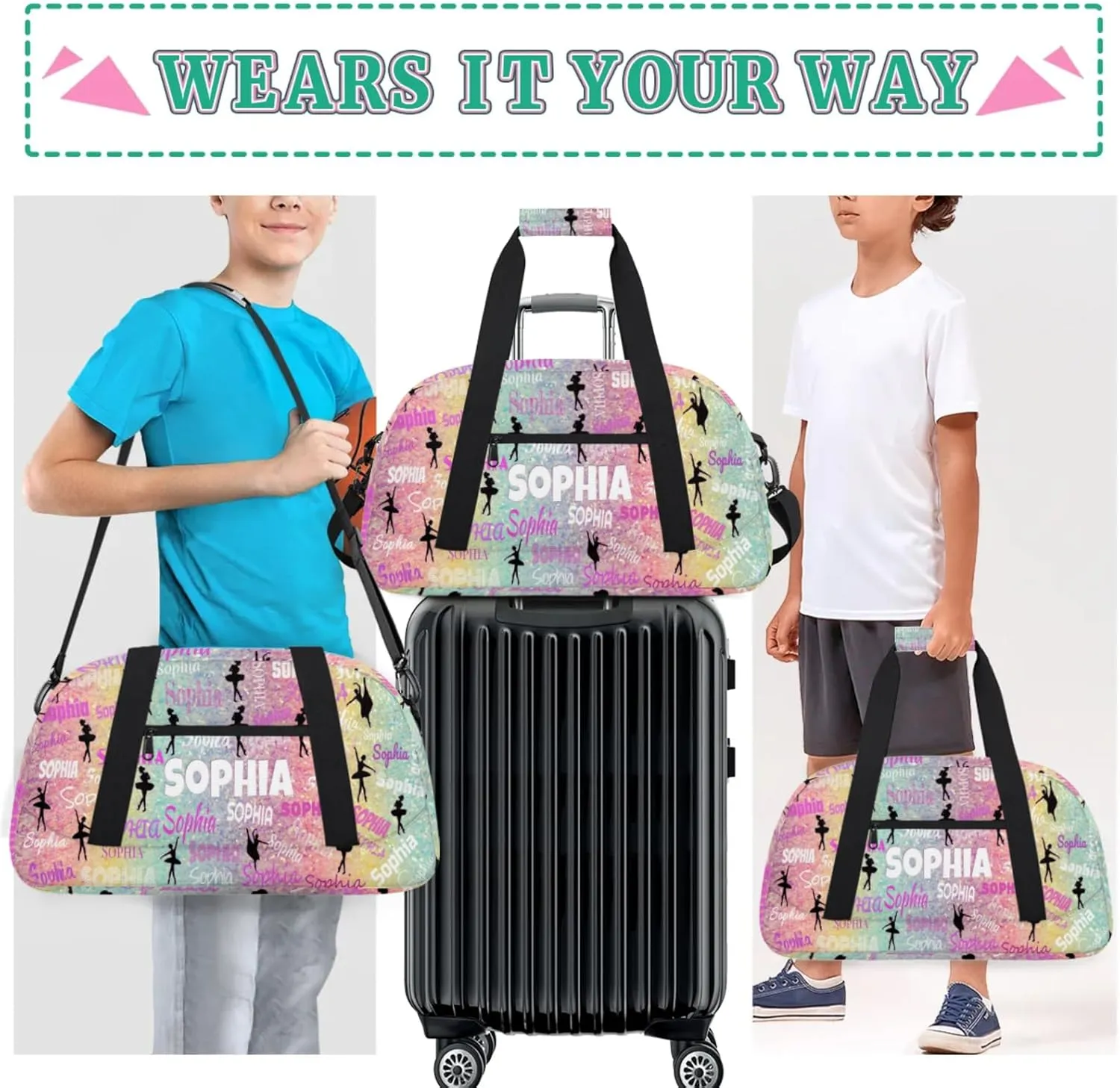 Custom Named Dance Ballet Bag, Gym Bag Sports Travel Duffle Bag Tote Weekend Sports Travel Bag, Romantic Colorful Pink Yellow Turquoise Sparkly Background