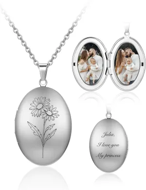 Custom Photo Locket Necklace Women Personalized Text Birth Flower Necklace that Hold Picture Stainless Steel Memorial Jewelry for Mothers Day Christmas