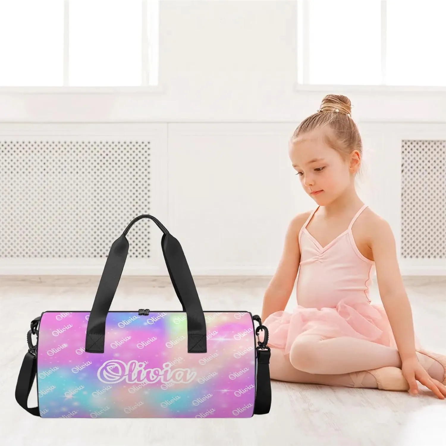 Custom Sport Duffel Bags Round Personalized Dance Bag Travel Overnight Bag Waterproof Gym Bag Lightweight Carry-On Tote for Women Men 17.6in, Rainbow Sparkly