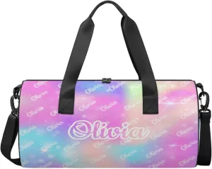 Custom Sport Duffel Bags Round Personalized Dance Bag Travel Overnight Bag Waterproof Gym Bag Lightweight Carry-On Tote for Women Men 17.6in, Rainbow Sparkly