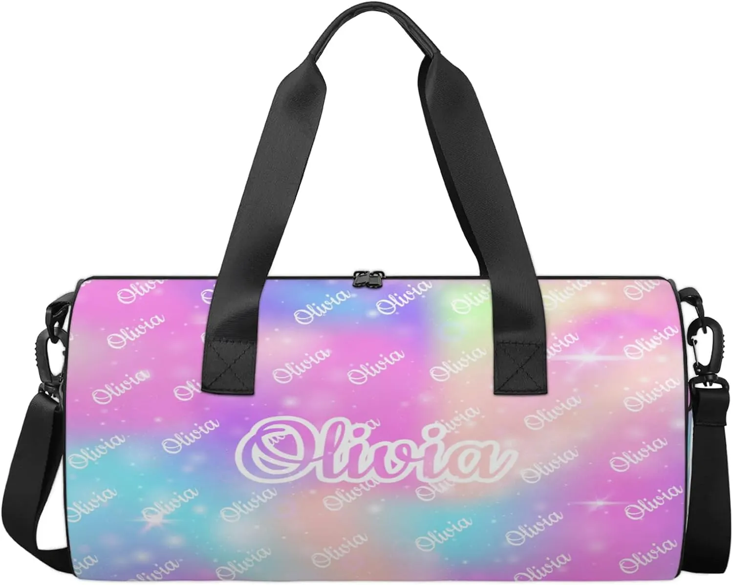 Custom Sport Duffel Bags Round Personalized Dance Bag Travel Overnight Bag Waterproof Gym Bag Lightweight Carry-On Tote for Women Men 17.6in, Rainbow Sparkly