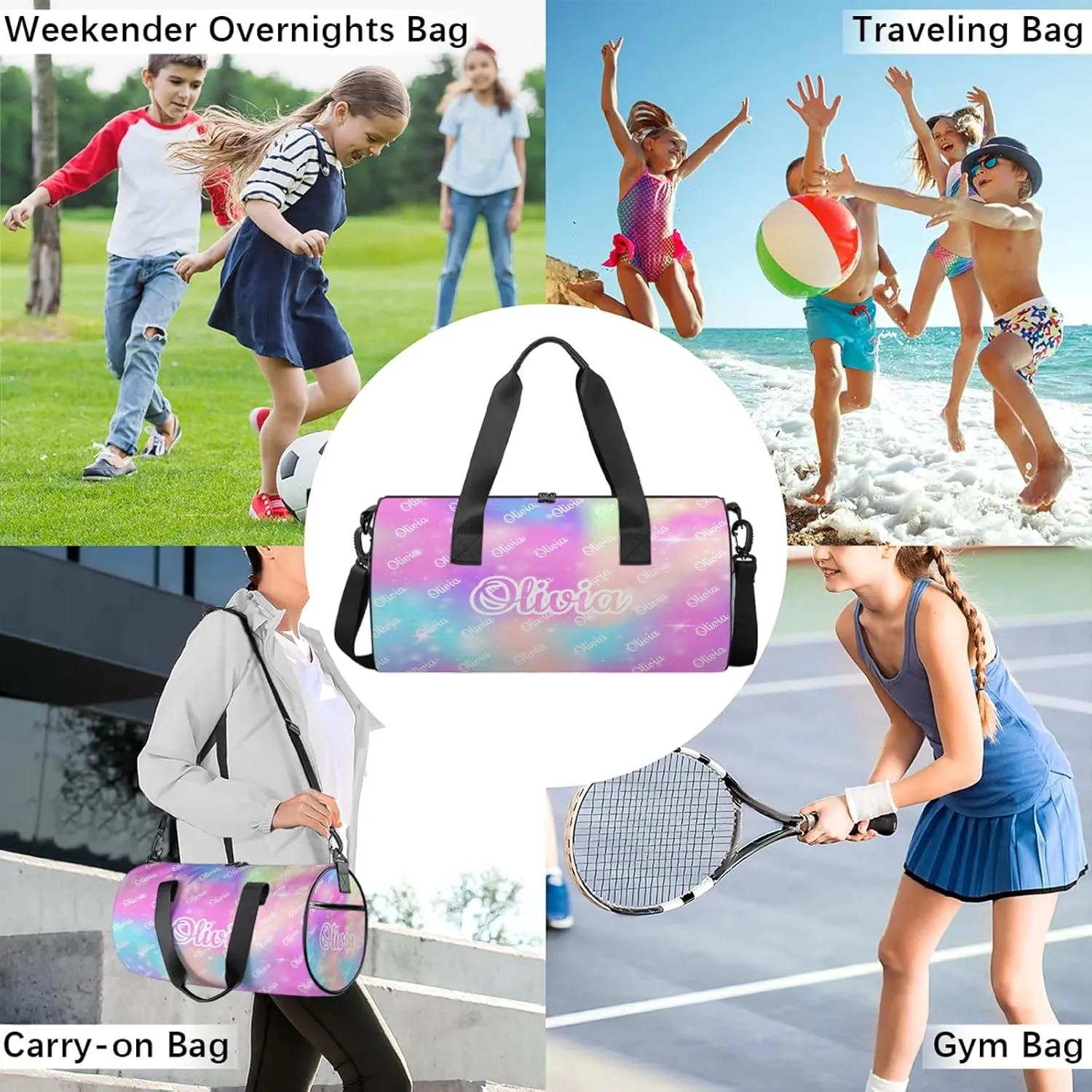Custom Sport Duffel Bags Round Personalized Dance Bag Travel Overnight Bag Waterproof Gym Bag Lightweight Carry-On Tote for Women Men 17.6in, Rainbow Sparkly