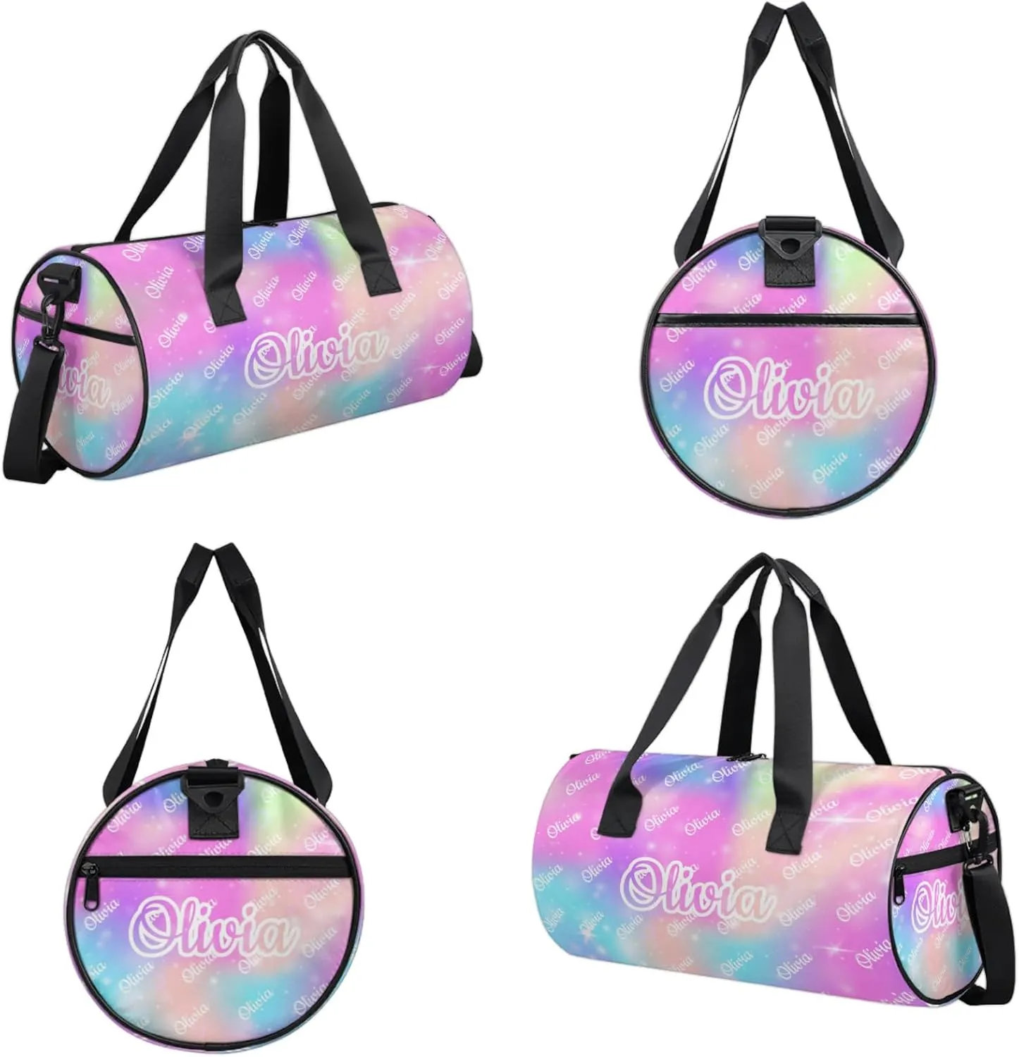 Custom Sport Duffel Bags Round Personalized Dance Bag Travel Overnight Bag Waterproof Gym Bag Lightweight Carry-On Tote for Women Men 17.6in, Rainbow Sparkly