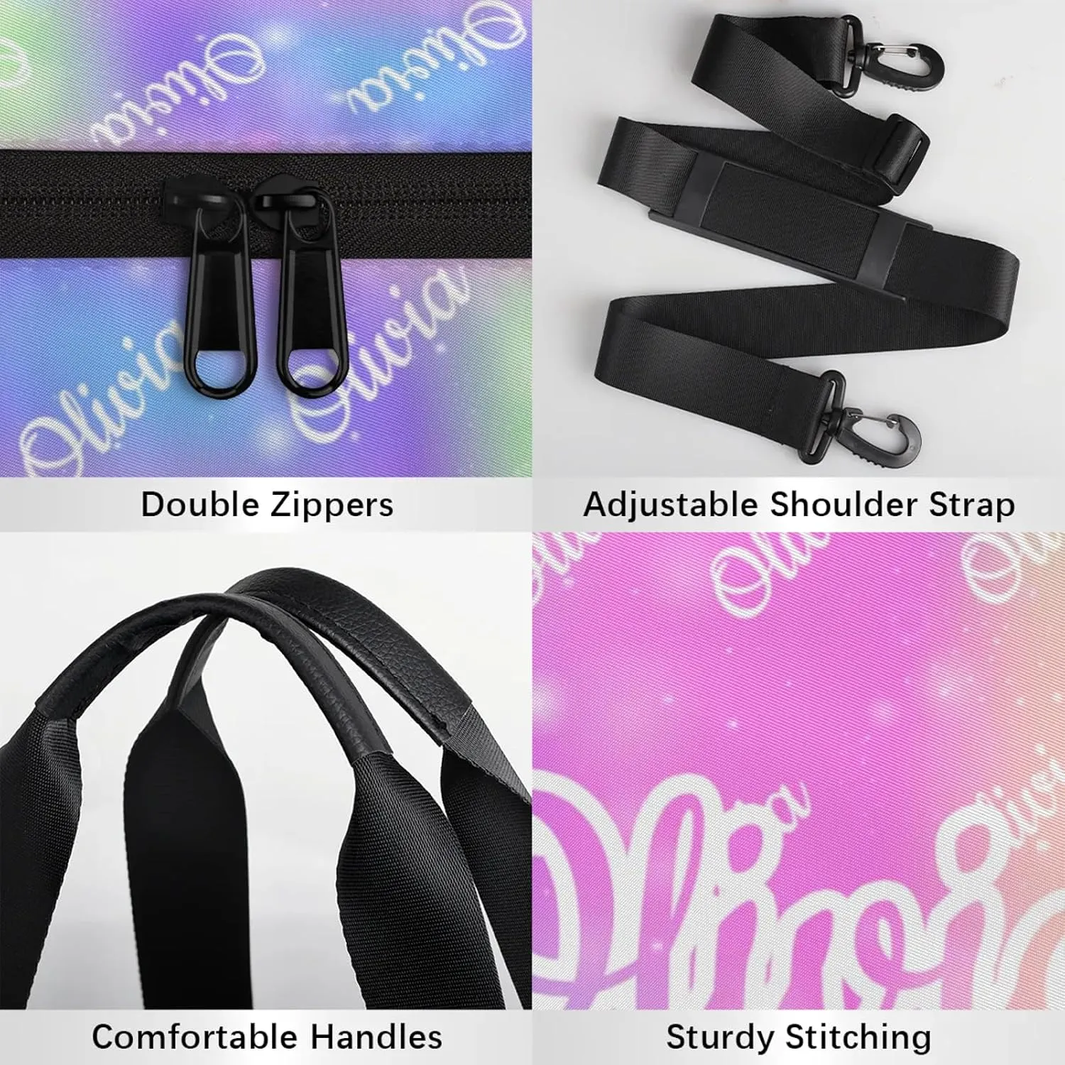Custom Sport Duffel Bags Round Personalized Dance Bag Travel Overnight Bag Waterproof Gym Bag Lightweight Carry-On Tote for Women Men 17.6in, Rainbow Sparkly