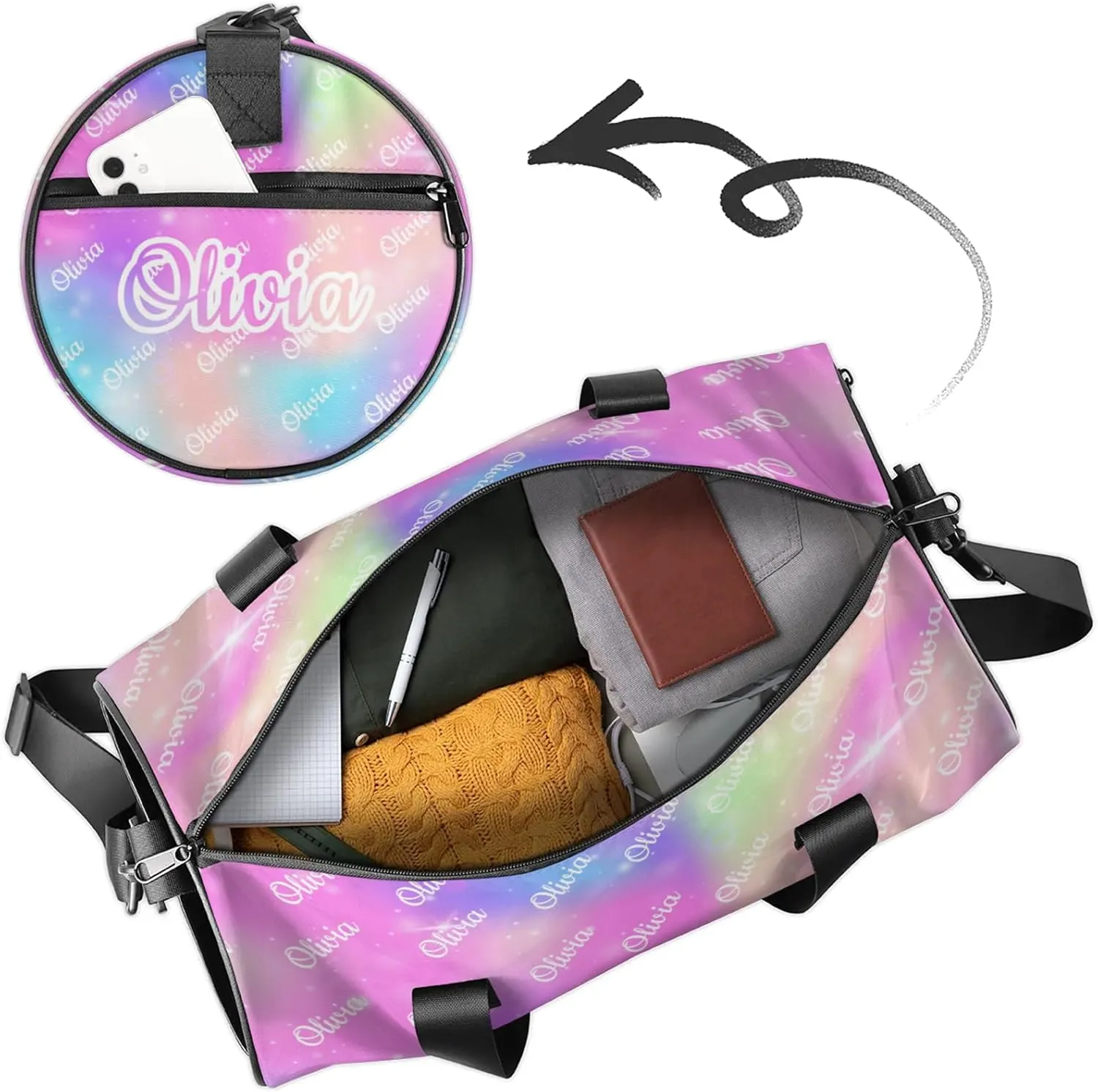 Custom Sport Duffel Bags Round Personalized Dance Bag Travel Overnight Bag Waterproof Gym Bag Lightweight Carry-On Tote for Women Men 17.6in, Rainbow Sparkly