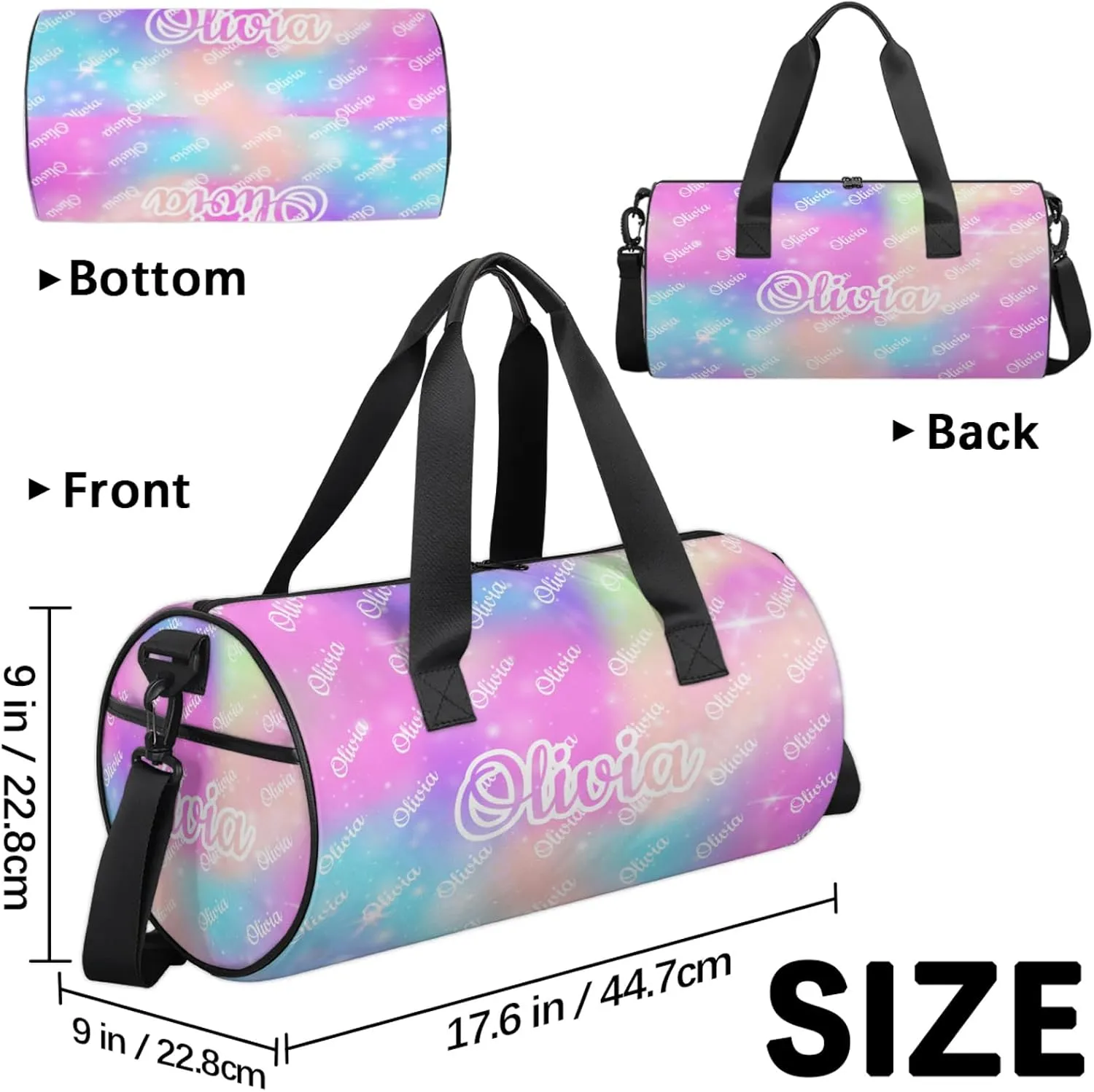 Custom Sport Duffel Bags Round Personalized Dance Bag Travel Overnight Bag Waterproof Gym Bag Lightweight Carry-On Tote for Women Men 17.6in, Rainbow Sparkly