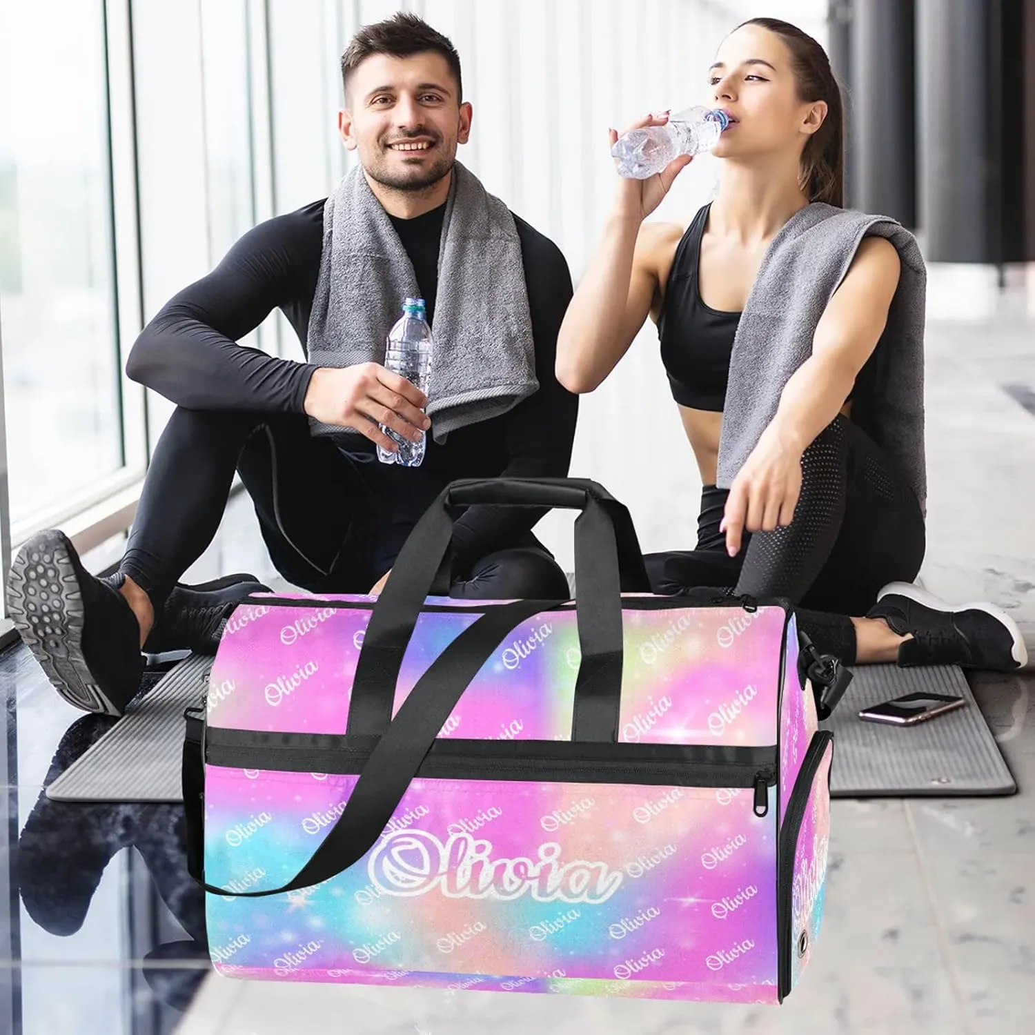 Custom Sport Duffel Bags with Shoe Compartment Personalized Name Travel Overnight Bag Waterproof Dance Bag Lightweight Carry-On Tote for Women Men, Rainbow Sparkly