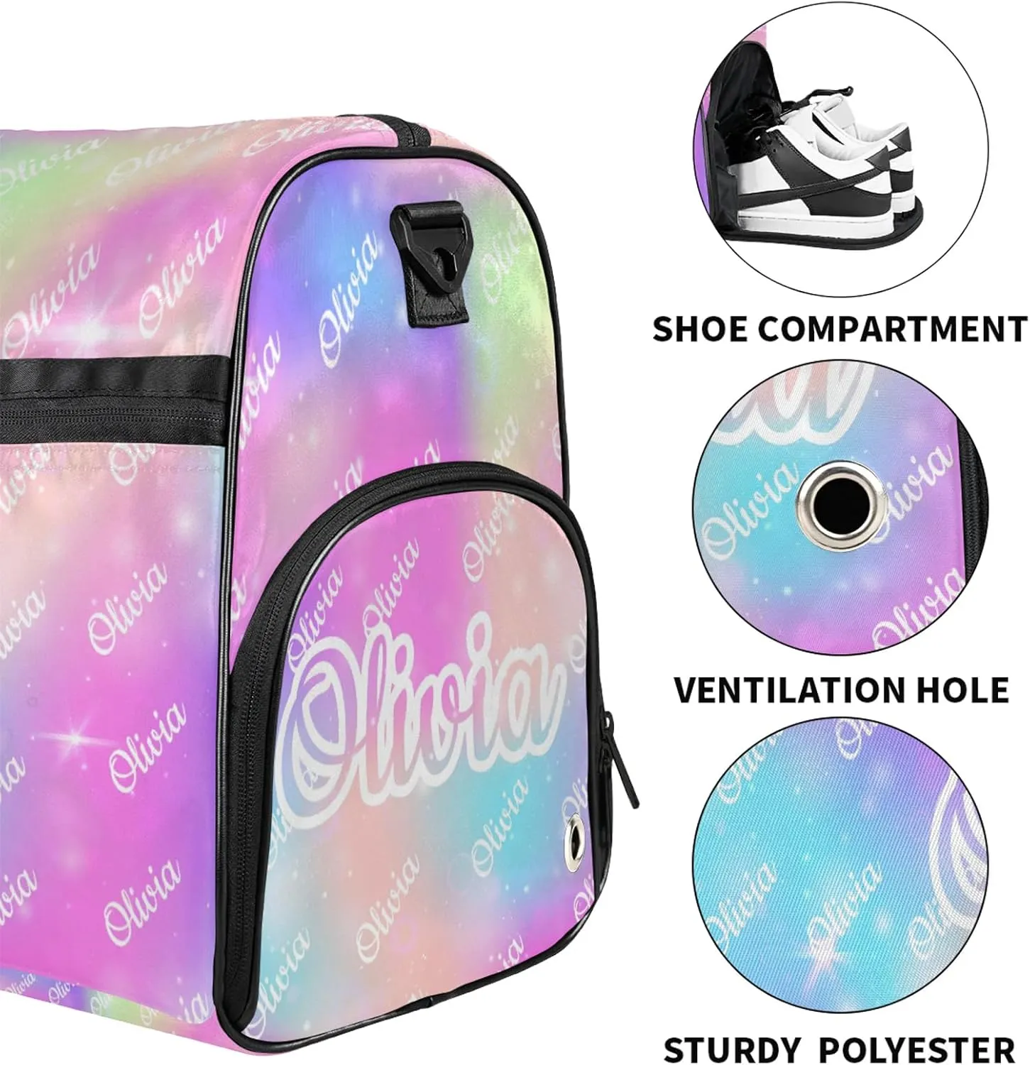 Custom Sport Duffel Bags with Shoe Compartment Personalized Name Travel Overnight Bag Waterproof Dance Bag Lightweight Carry-On Tote for Women Men, Rainbow Sparkly