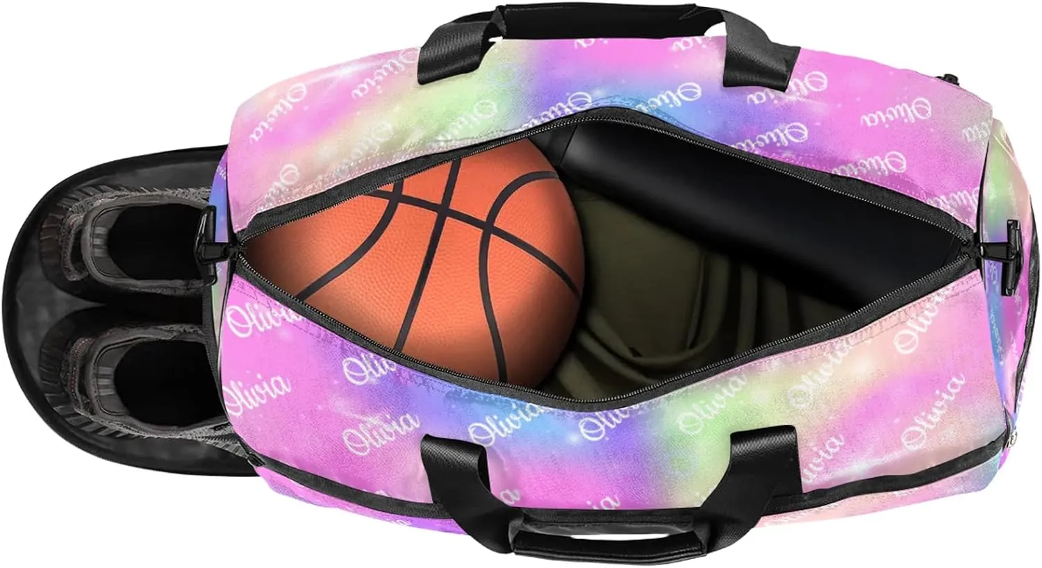 Custom Sport Duffel Bags with Shoe Compartment Personalized Name Travel Overnight Bag Waterproof Dance Bag Lightweight Carry-On Tote for Women Men, Rainbow Sparkly