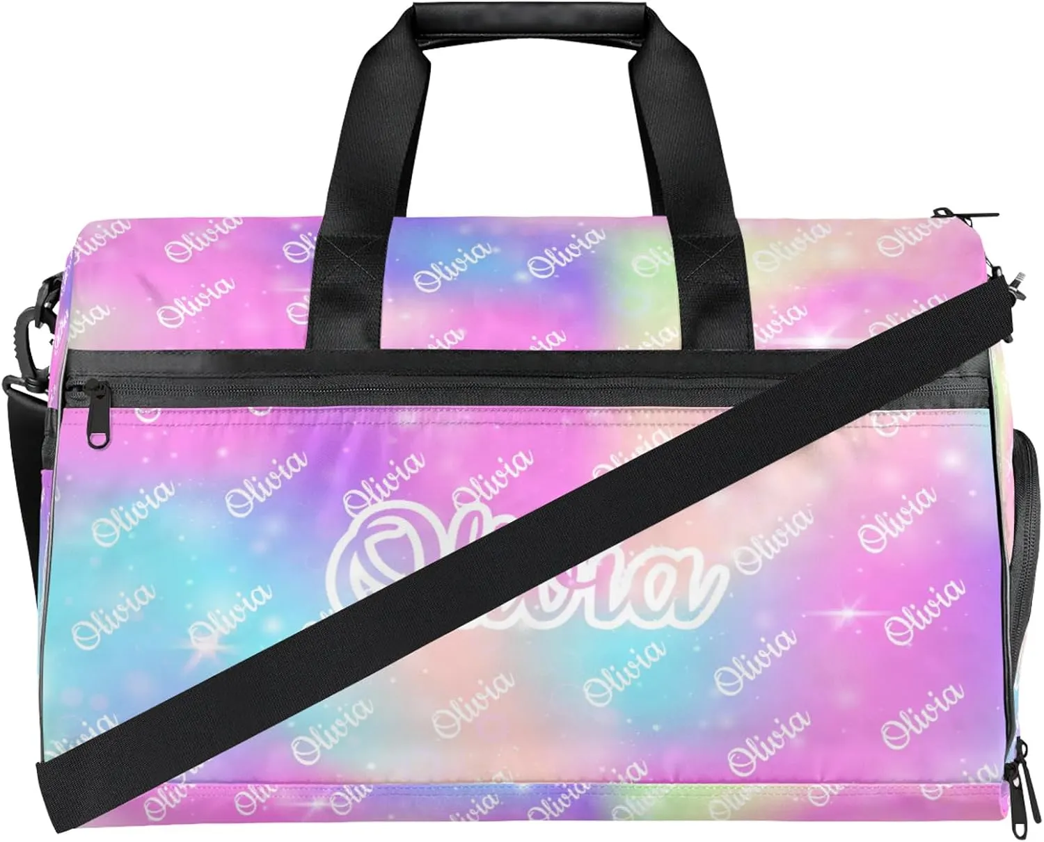 Custom Sport Duffel Bags with Shoe Compartment Personalized Name Travel Overnight Bag Waterproof Dance Bag Lightweight Carry-On Tote for Women Men, Rainbow Sparkly