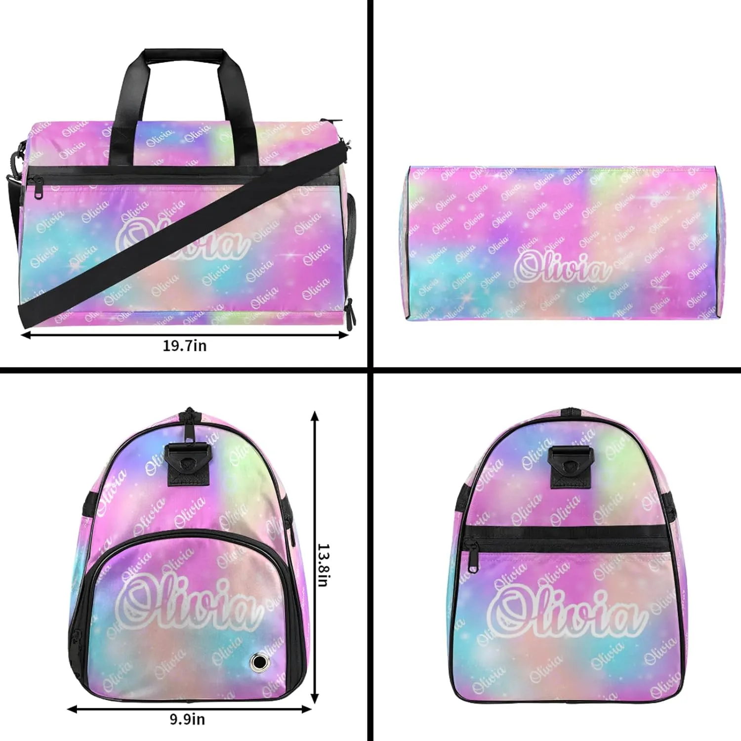 Custom Sport Duffel Bags with Shoe Compartment Personalized Name Travel Overnight Bag Waterproof Dance Bag Lightweight Carry-On Tote for Women Men, Rainbow Sparkly