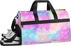 Custom Sport Duffel Bags with Shoe Compartment Personalized Name Travel Overnight Bag Waterproof Dance Bag Lightweight Carry-On Tote for Women Men, Rainbow Sparkly