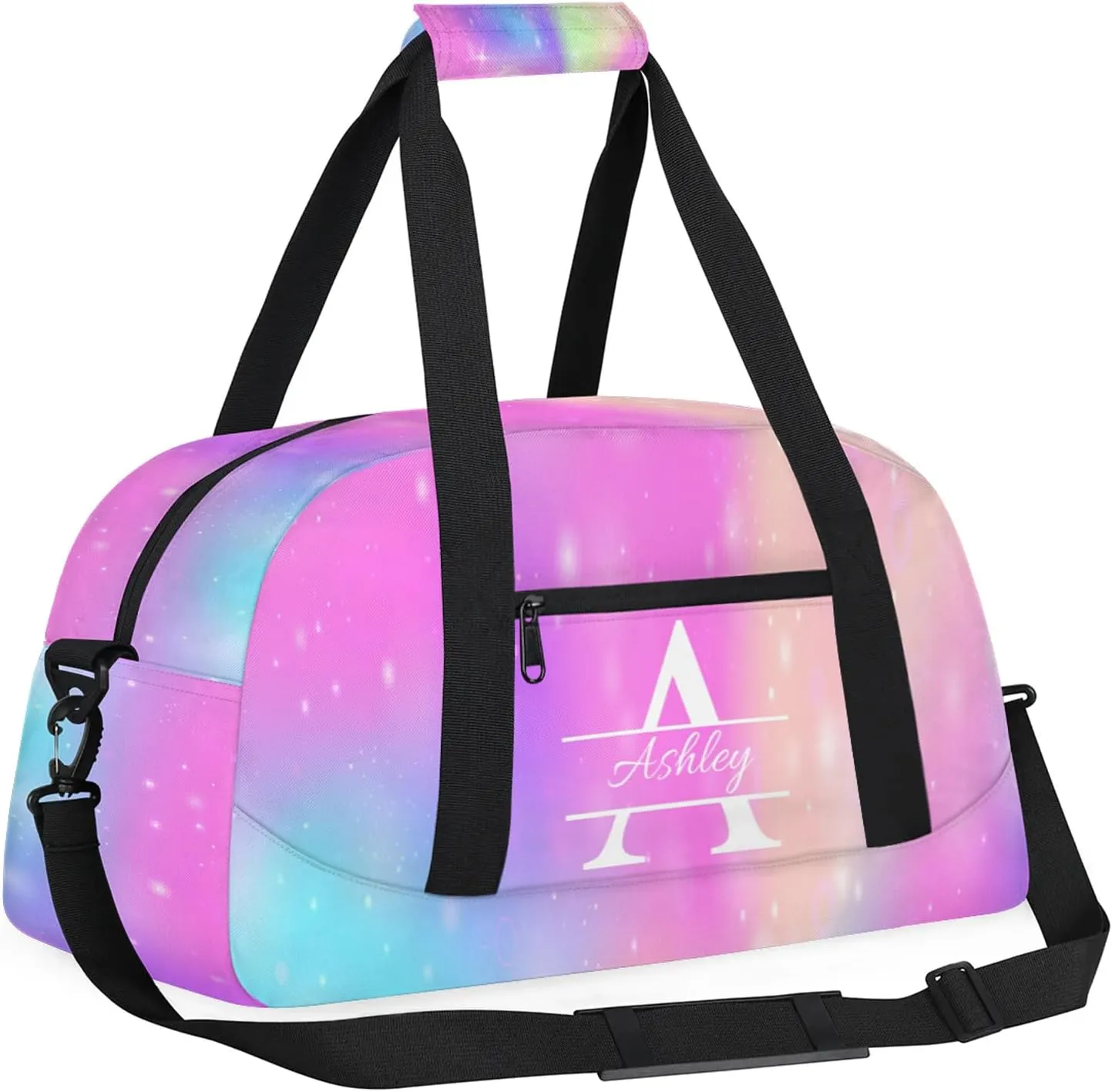 Custom Sports Duffel Bag Personalized Name Dance Gym Bag for Women Men Overnight Weekender Travel Duffel Bags Lightweight 18.9in, Rainbow Sparkly