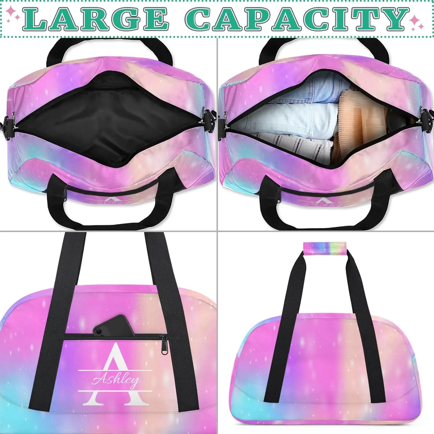 Custom Sports Duffel Bag Personalized Name Dance Gym Bag for Women Men Overnight Weekender Travel Duffel Bags Lightweight 18.9in, Rainbow Sparkly