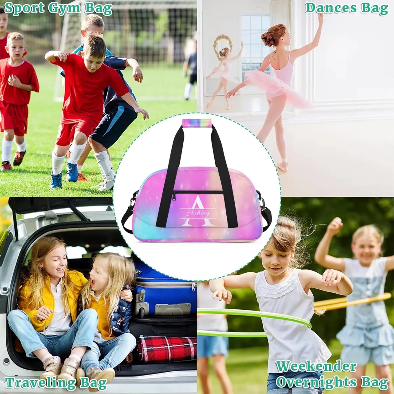 Custom Sports Duffel Bag Personalized Name Dance Gym Bag for Women Men Overnight Weekender Travel Duffel Bags Lightweight 18.9in, Rainbow Sparkly