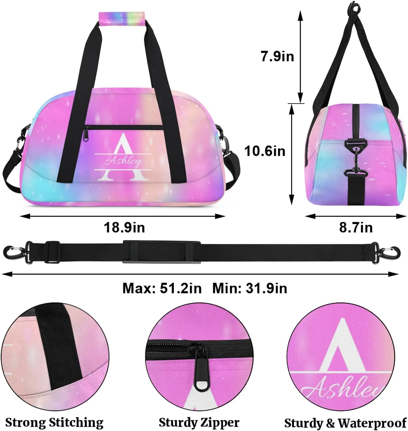 Custom Sports Duffel Bag Personalized Name Dance Gym Bag for Women Men Overnight Weekender Travel Duffel Bags Lightweight 18.9in, Rainbow Sparkly
