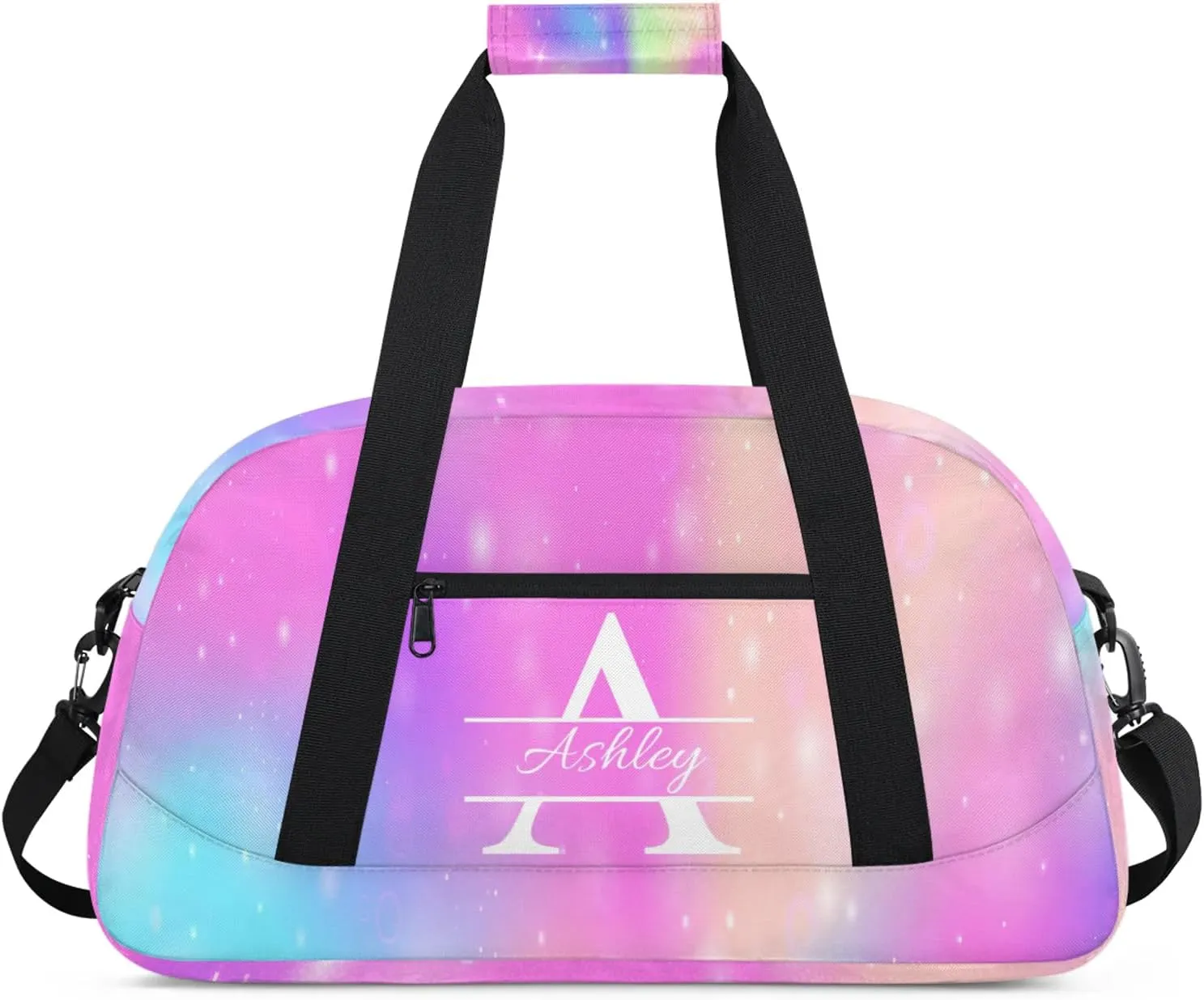Custom Sports Duffel Bag Personalized Name Dance Gym Bag for Women Men Overnight Weekender Travel Duffel Bags Lightweight 18.9in, Rainbow Sparkly