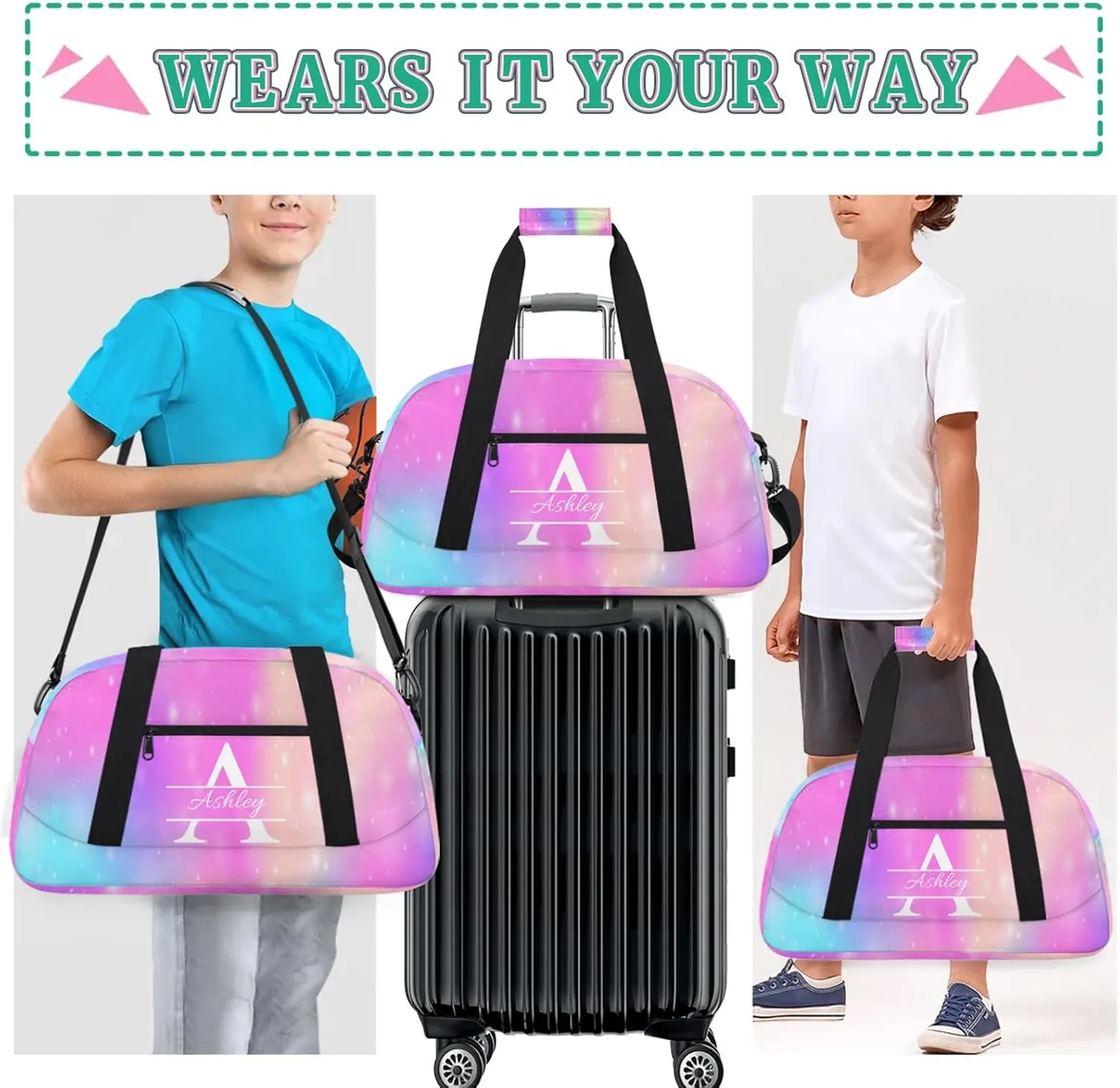 Custom Sports Duffel Bag Personalized Name Dance Gym Bag for Women Men Overnight Weekender Travel Duffel Bags Lightweight 18.9in, Rainbow Sparkly