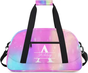 Custom Sports Duffel Bag Personalized Name Dance Gym Bag for Women Men Overnight Weekender Travel Duffel Bags Lightweight 18.9in, Rainbow Sparkly