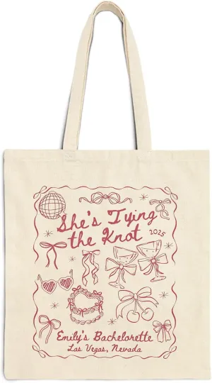 Custom Tying the Knot Tote Bags, Personalized Coquette Bow Canvas Bags for Bachelorette, Gift Bag For Bridesmaids, Girls Trip Gift Bag, Tying the Knot Totes Reusable