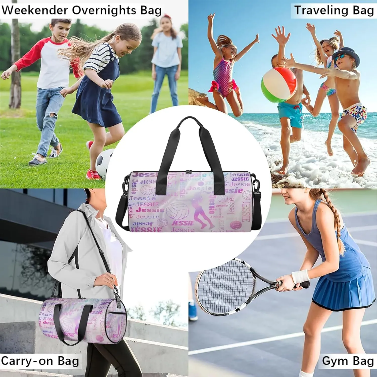 Custom Volleyball Sport Bags Personalized Sports Gym Bag with Name Overnight Weekender Duffel Bag Customized Gifts for Women Men, Sparkly